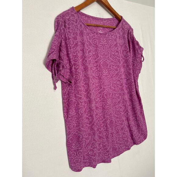 St John's Bay Purple Paisley Print Short Sleeve Top Ruched Tie Sleeve Tee XXL - Picture 4 of 8